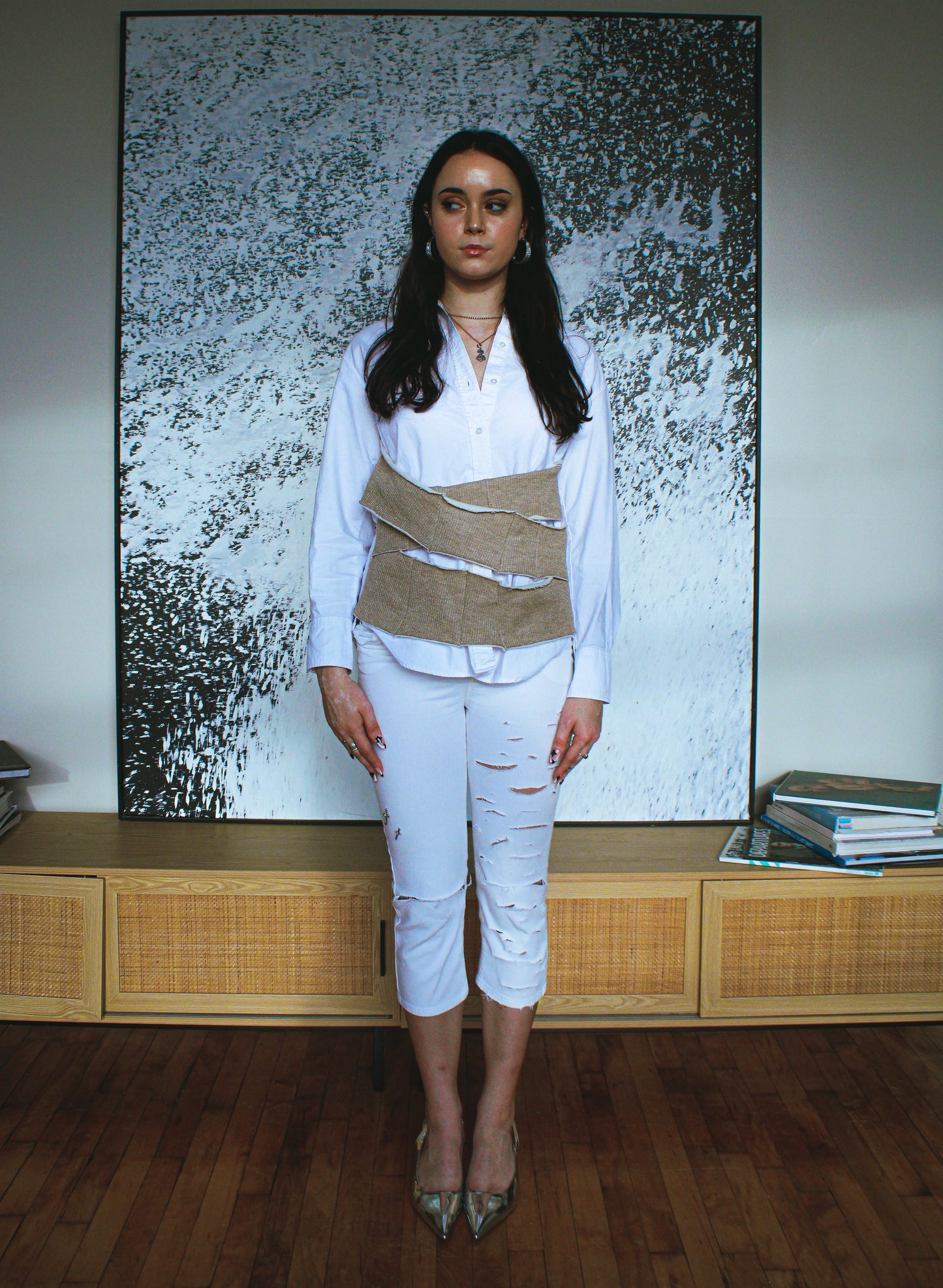 gold knit psych button up