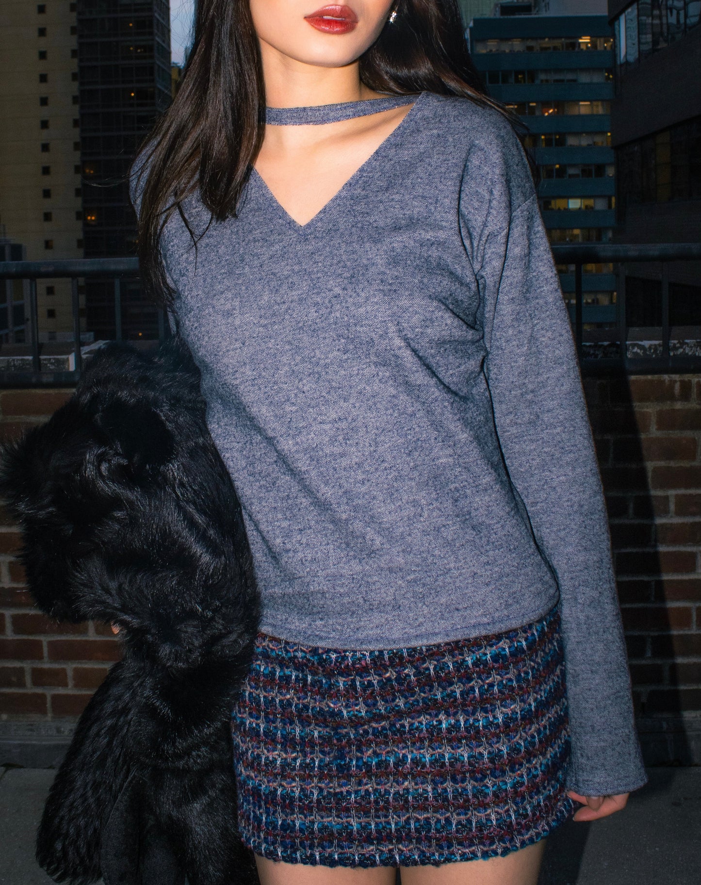 blue merino wool choker v sweater