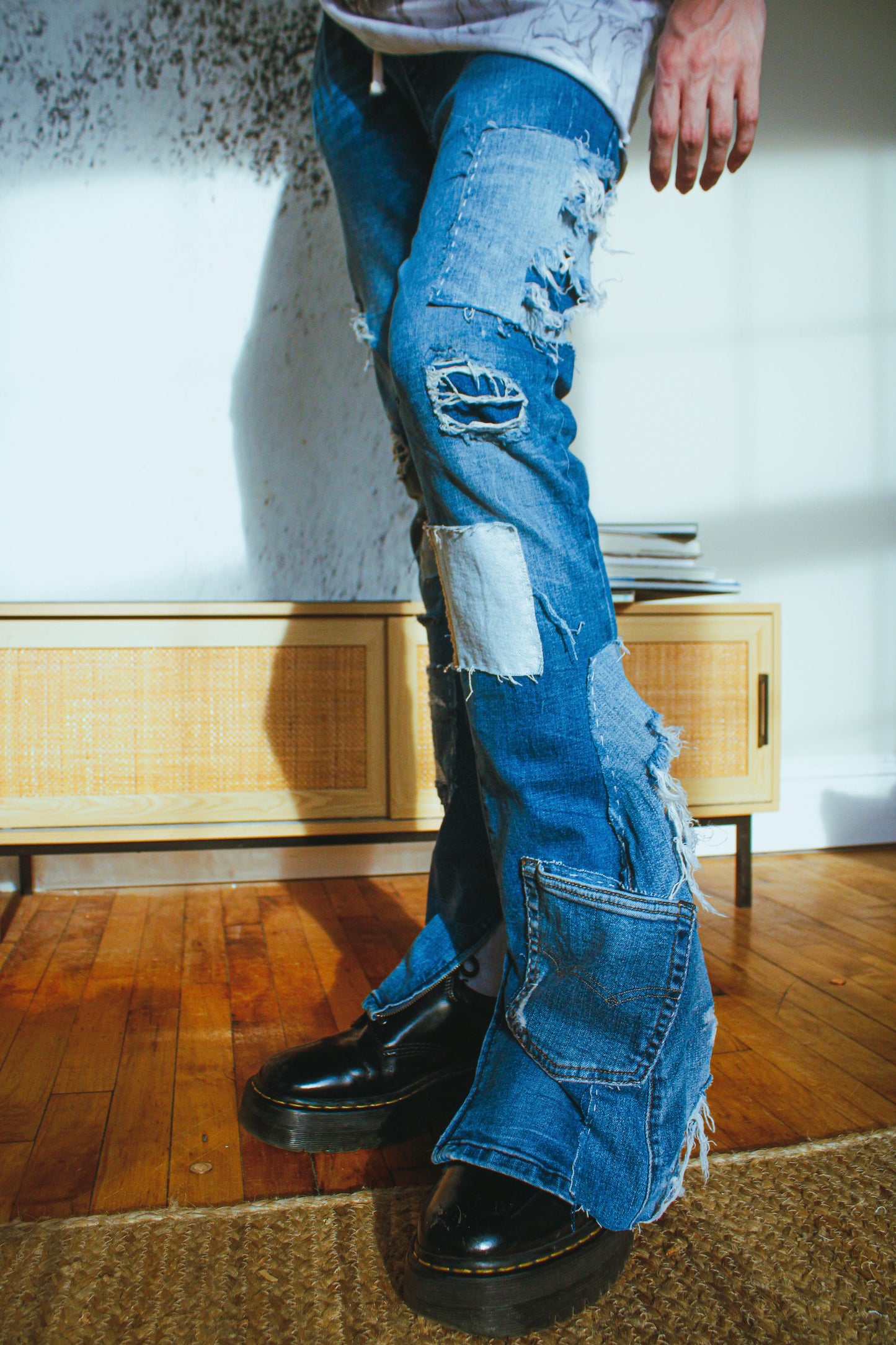 denim flare jeans with patchwork detail