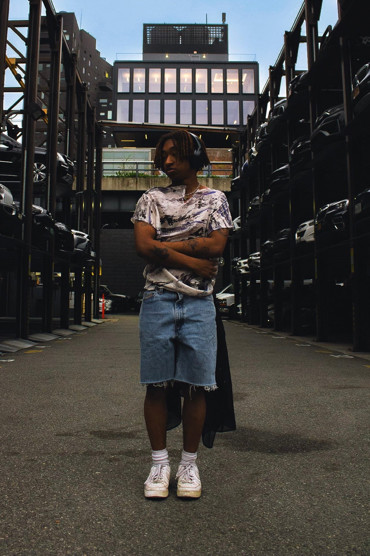 black silk button-up X jorts