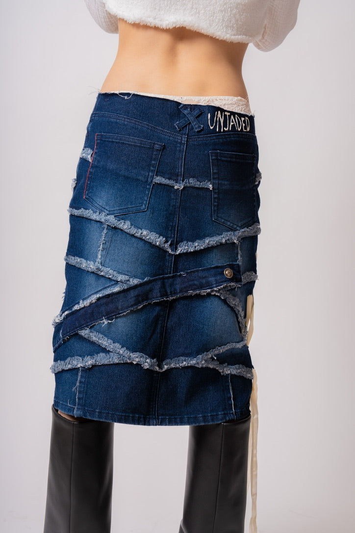 jupe mi-longue en jean effet vieilli