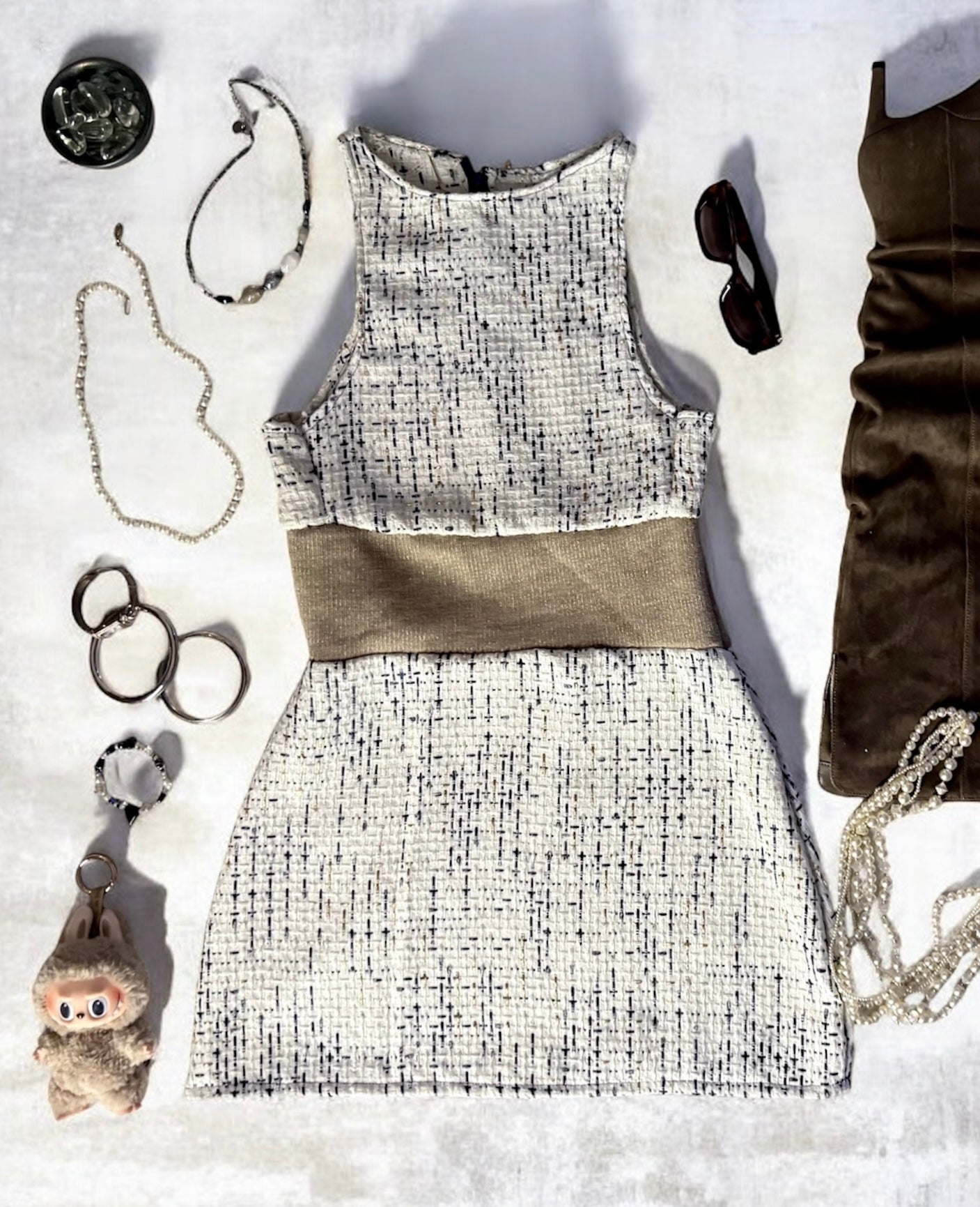 white/navy/gold bouclé mini