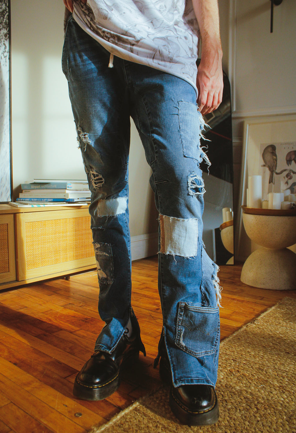 denim flare jeans with patchwork detail
