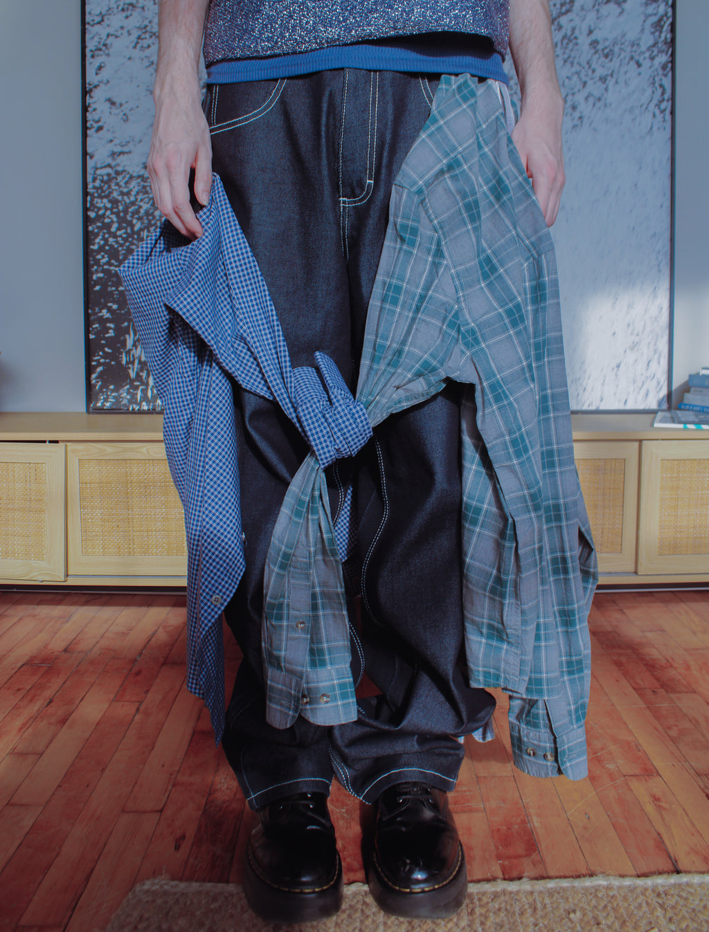 flannel wide dark wash jeans