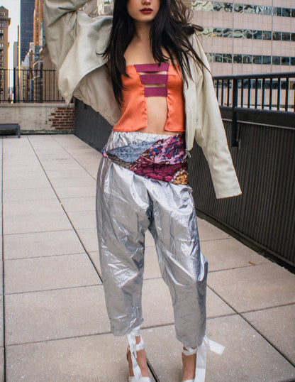 coral hammered silk strapless top