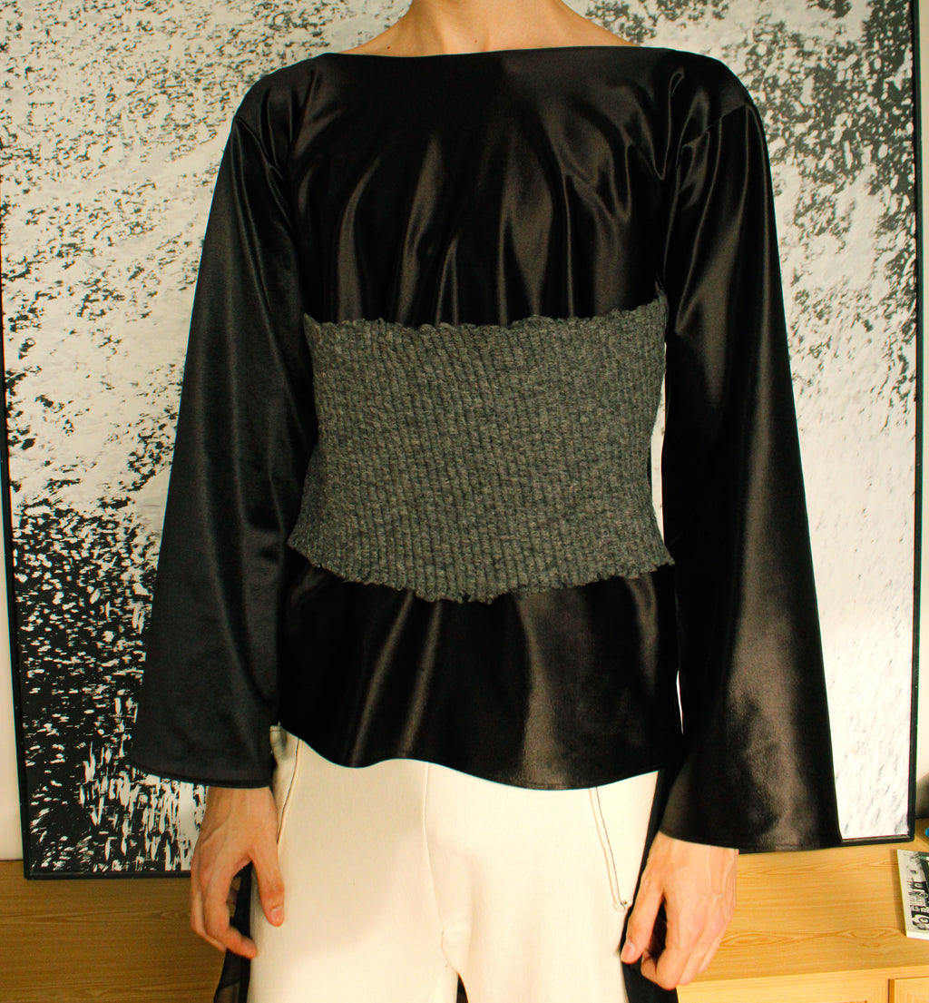 grey knit waist black wide sleeve shirt