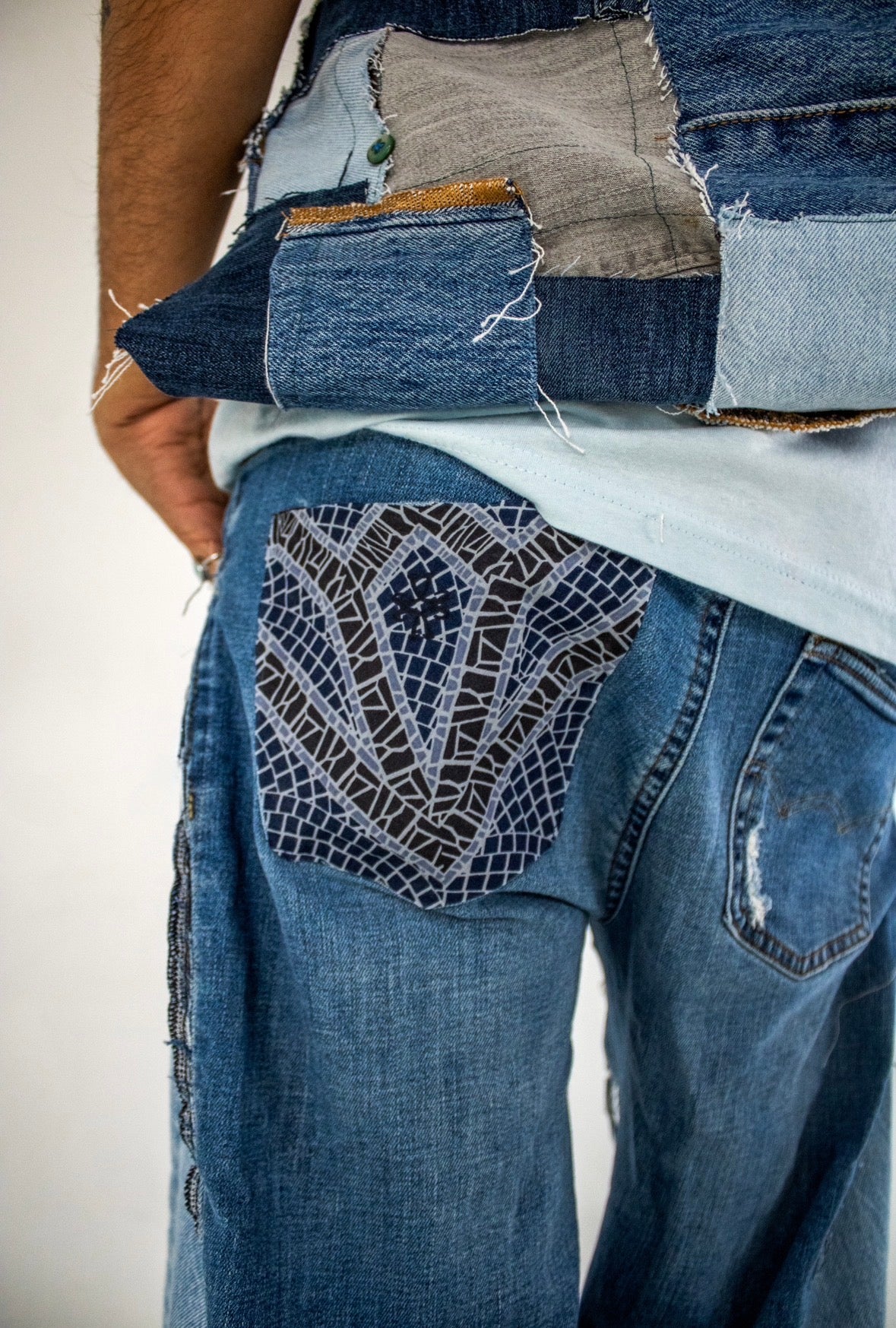 two tone distress wide leg jean
