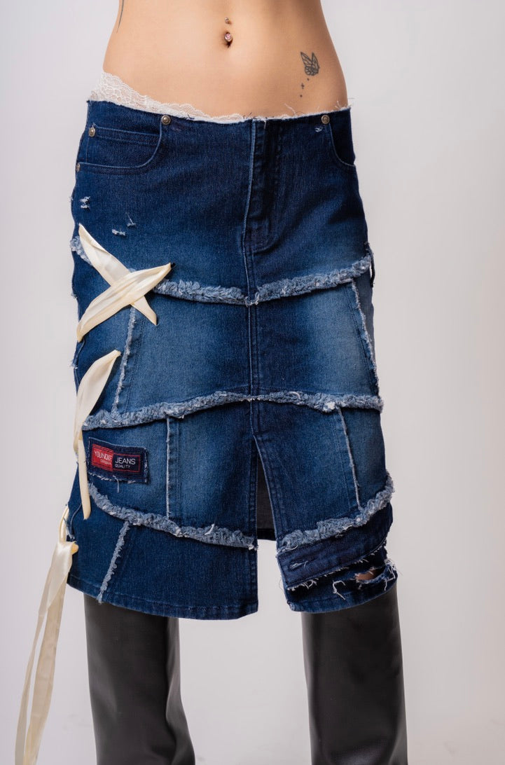 jupe mi-longue en jean effet vieilli