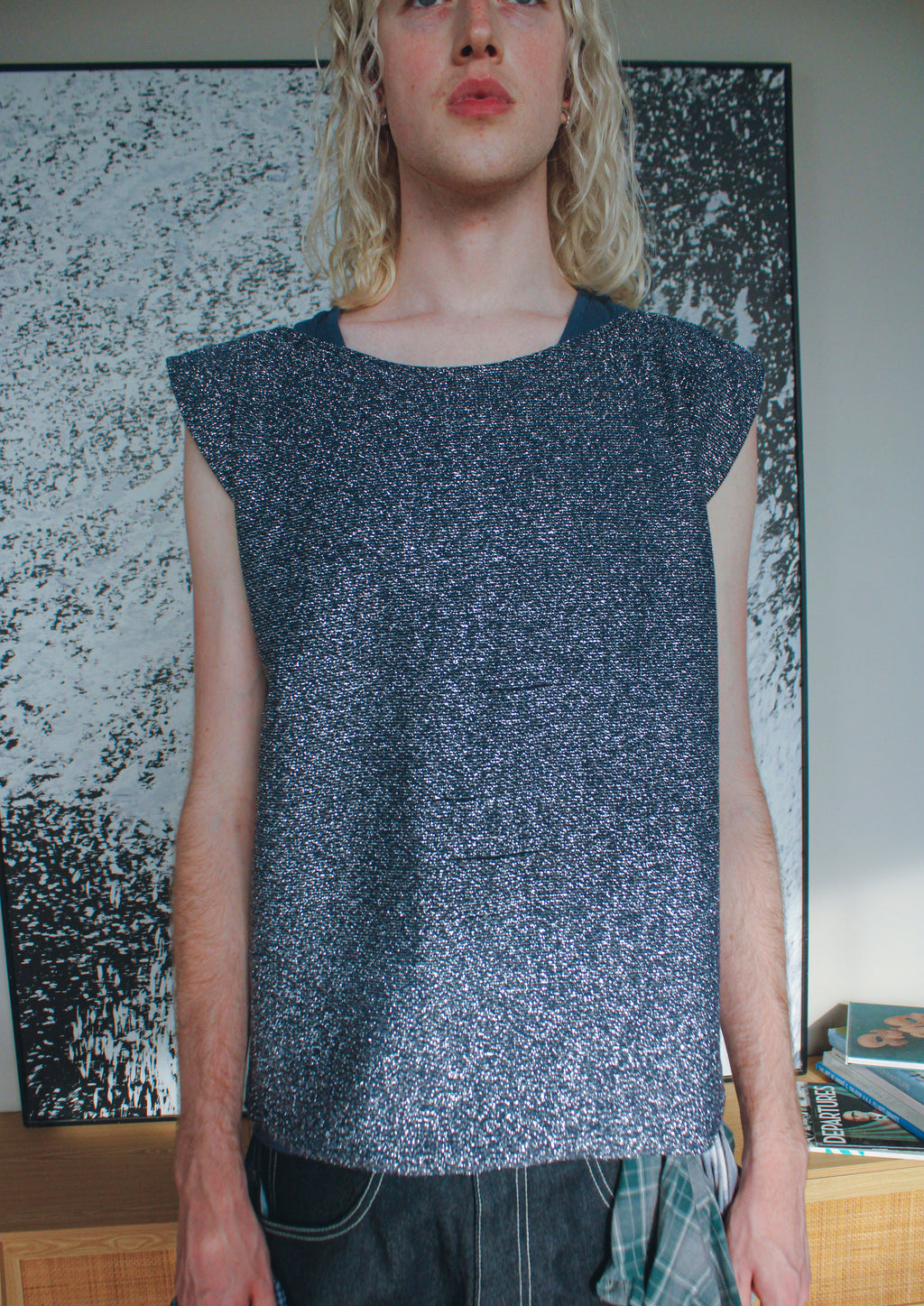 navy metallic knit sleeveless top