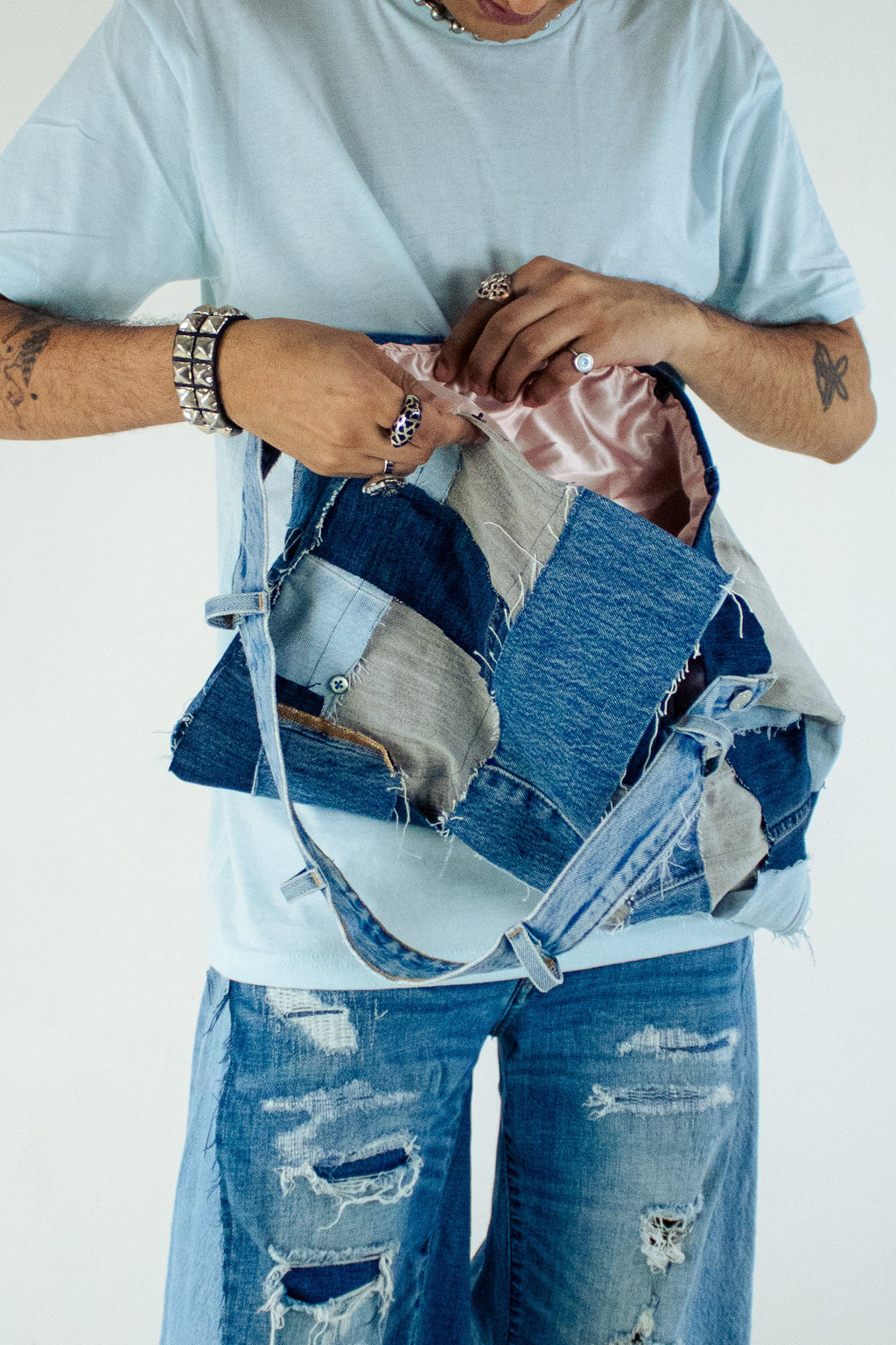 denim patchwork satchel bag