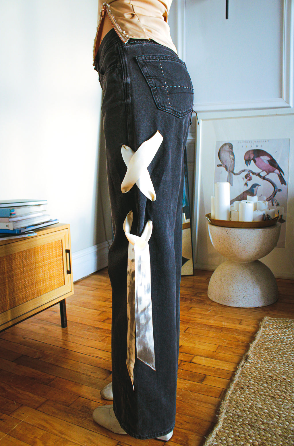 laced ribbon washed black mid rise jeans