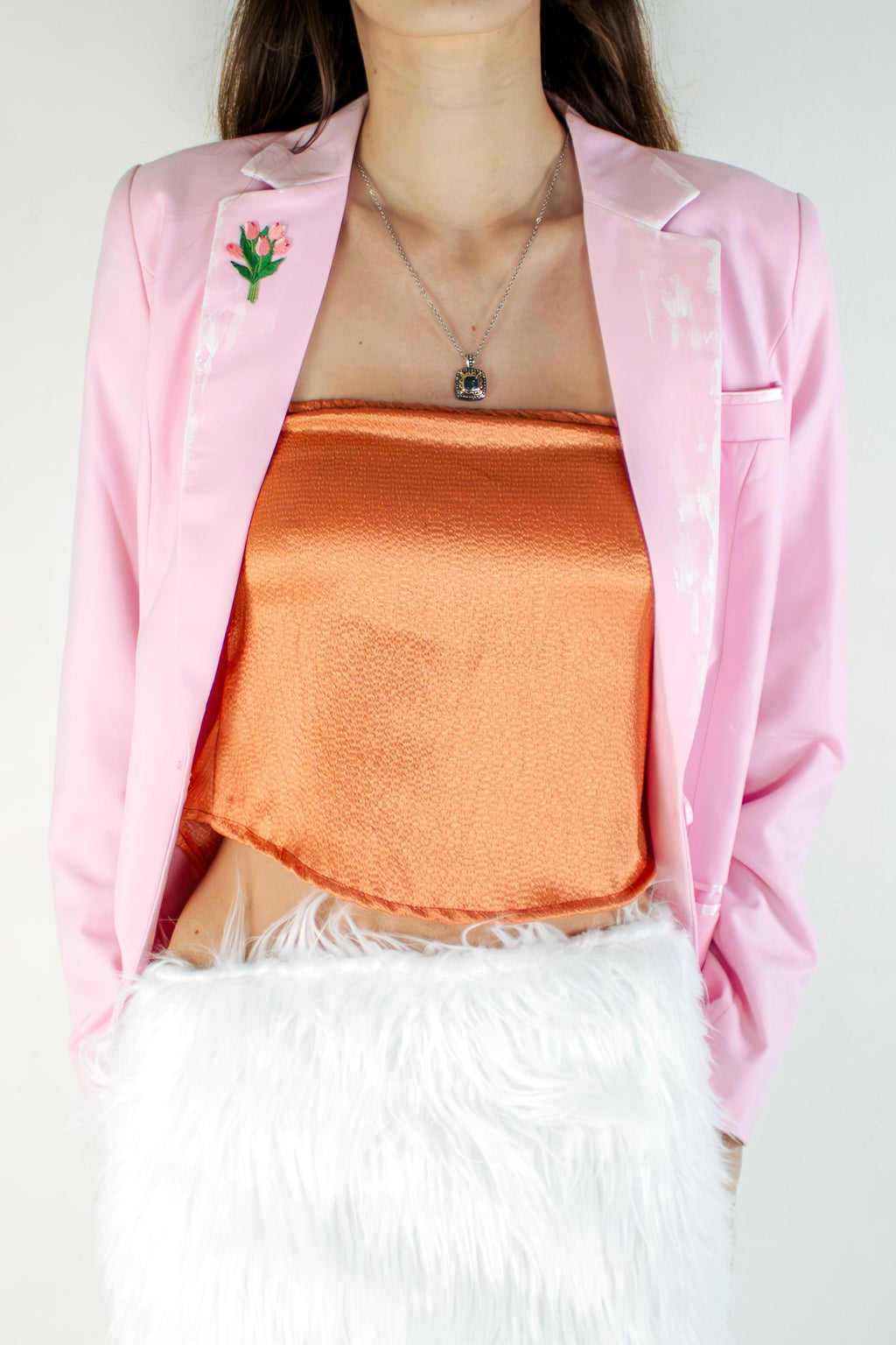 coral hammered silk strapless top