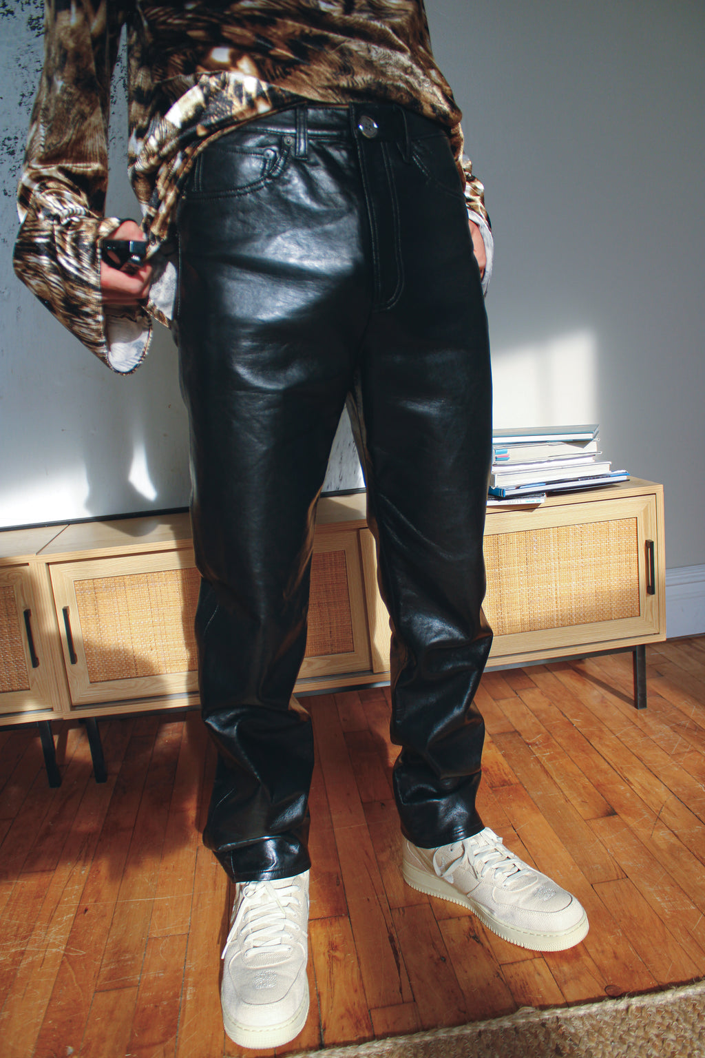 black faux-leather slim pants