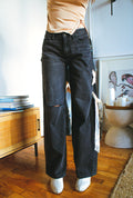 laced ribbon washed black mid rise jeans