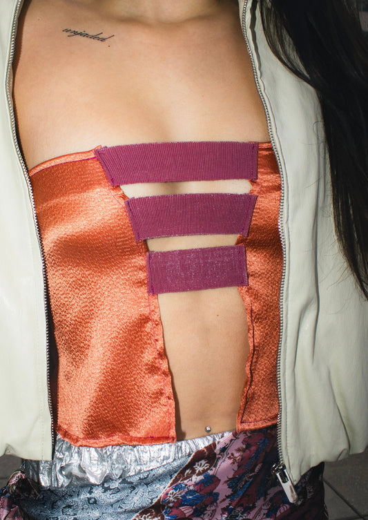 coral hammered silk strapless top